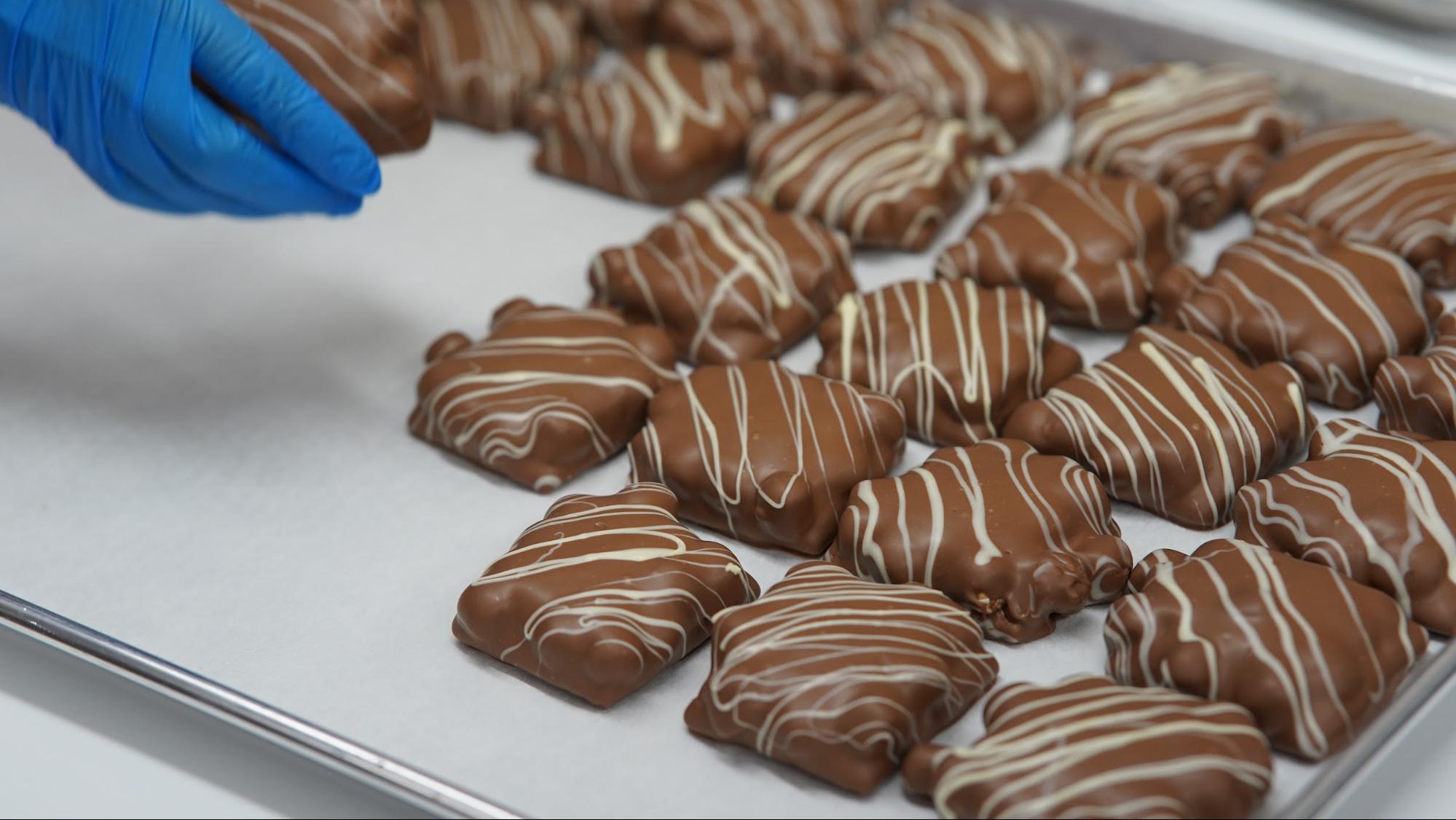 Chocolate covered smores bars being prepared at Phillips Chocolates 